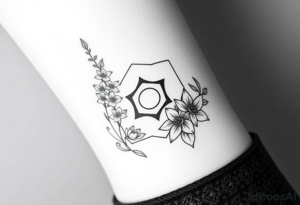 Hexagon Leo symbol larkspurs and water lilies tattoo idea