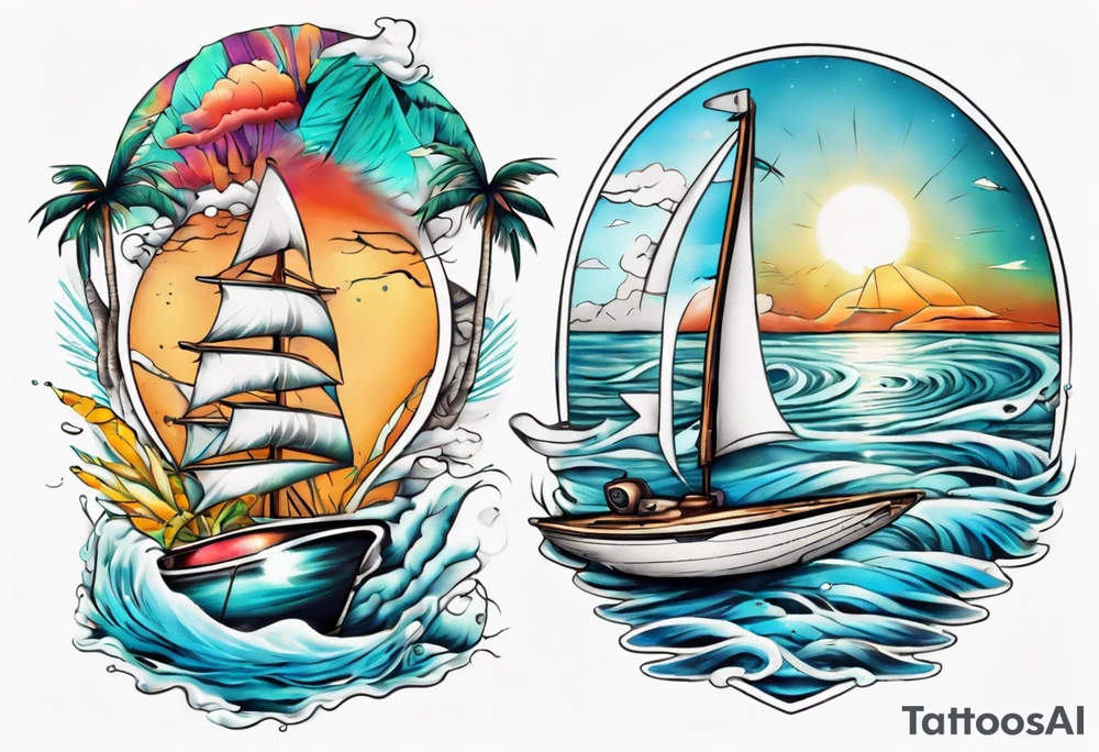 Tropical water with a sailing boat and a UFO tattoo idea