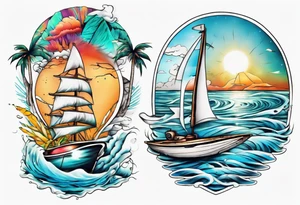 Tropical water with a sailing boat and a UFO tattoo idea