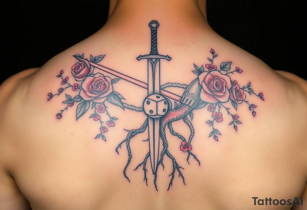 knight with sword and squid intertwined with climbing roses and tree roots with cherry blossoms rolling dice tattoo idea