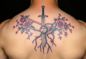 knight with sword and squid intertwined with climbing roses and tree roots with cherry blossoms rolling dice tattoo idea