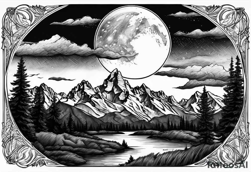 Half sleeve of Teton mountain range, moon In the sky and a few trees tattoo idea