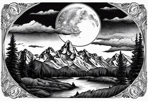 Half sleeve of Teton mountain range, moon In the sky and a few trees tattoo idea