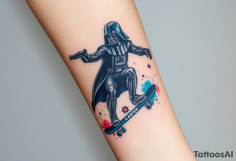 Darth Vader skateboarding with gun> bullets > memorial > god > colors > futuristic/space/star wars
add name "Darth Carter" on skateboard
add date 12/29/88-01/06/24 tattoo idea