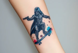 Darth Vader skateboarding with gun> bullets > memorial > god > colors > futuristic/space/star wars
add name "Darth Carter" on skateboard
add date 12/29/88-01/06/24 tattoo idea