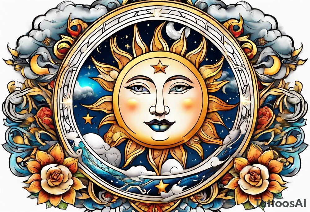 Sun and moon seen behind clouds tattoo idea