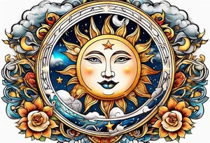 Sun and moon seen behind clouds tattoo idea