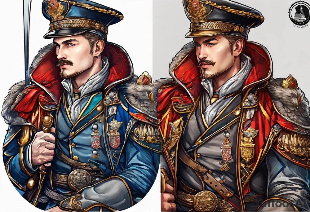 a german prince is dressed as a solider and sitting on a throne with a sceptor in one hand and a knife in the other tattoo idea