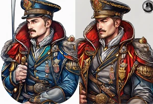 a german prince is dressed as a solider and sitting on a throne with a sceptor in one hand and a knife in the other tattoo idea