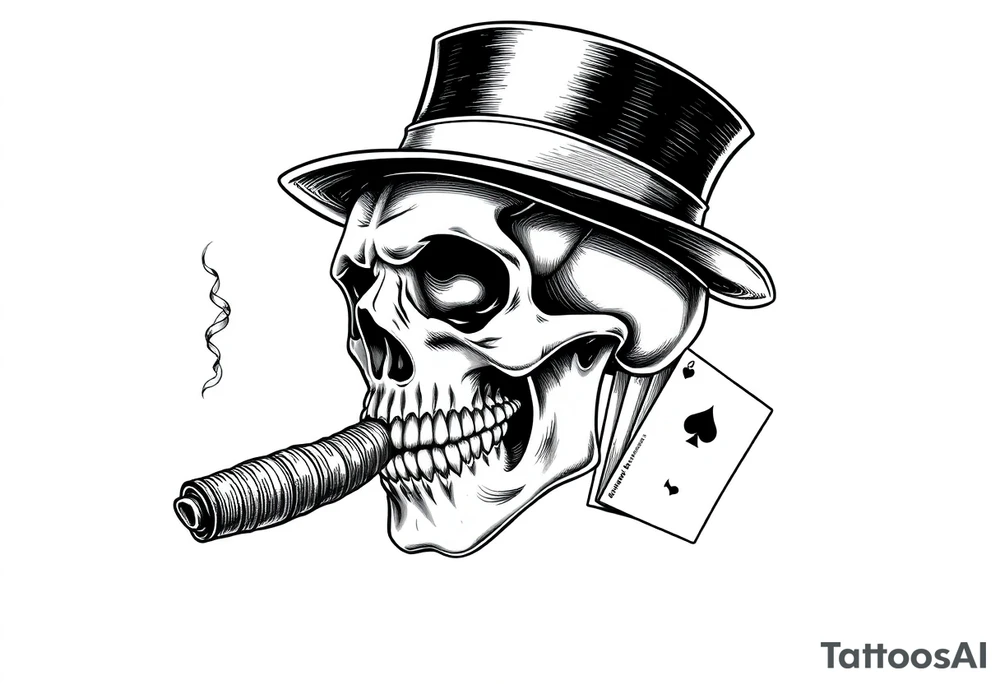 a skull with mustache, a big cigar in his mouth,top-hat on his head and playing cards in a hand. tattoo idea