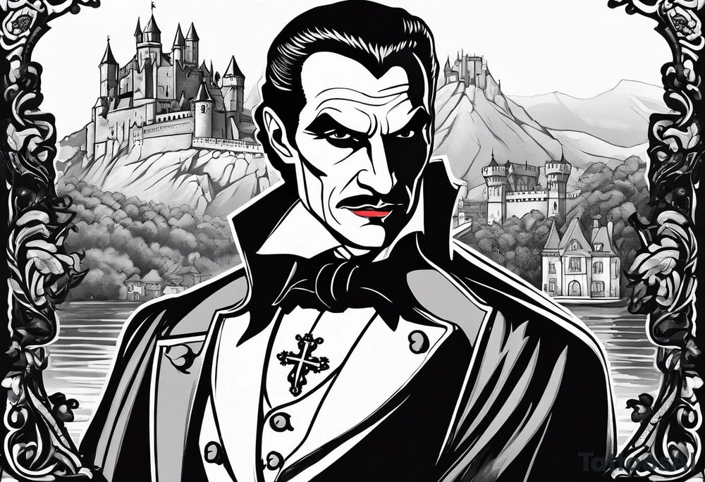 DRACULA FROM THE MOVIE  WITH CASTLE IN THE BACKGROUND tattoo idea