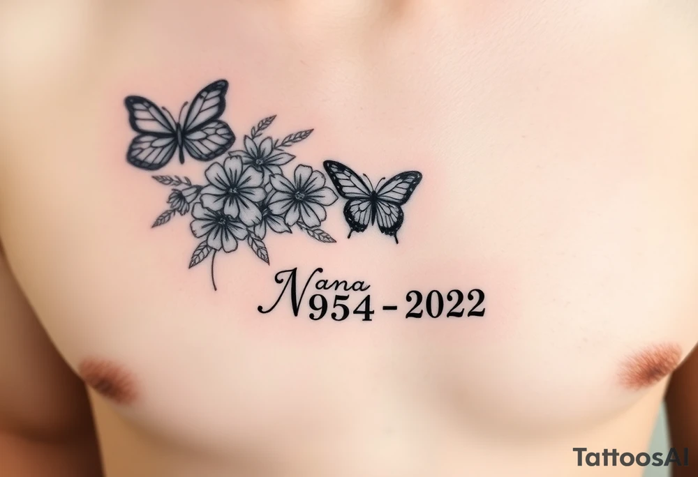 memorial tattoo with flowers and butterflies with the name “NANA” and the date “1954-2022” mixed all together on the side of the rib cage tattoo idea