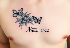 memorial tattoo with flowers and butterflies with the name “NANA” and the date “1954-2022” mixed all together on the side of the rib cage tattoo idea