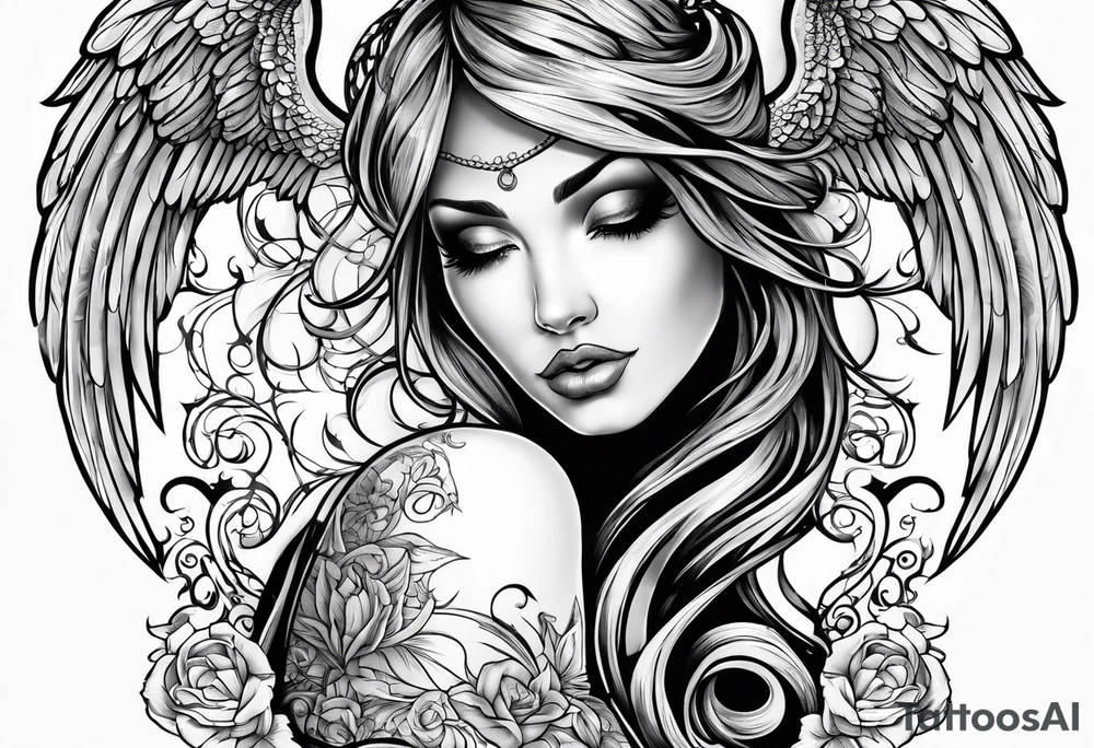 Tattooed Angel with The name « Leah » is written in gothic letters. tattoo idea