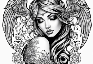 Tattooed Angel with The name « Leah » is written in gothic letters. tattoo idea