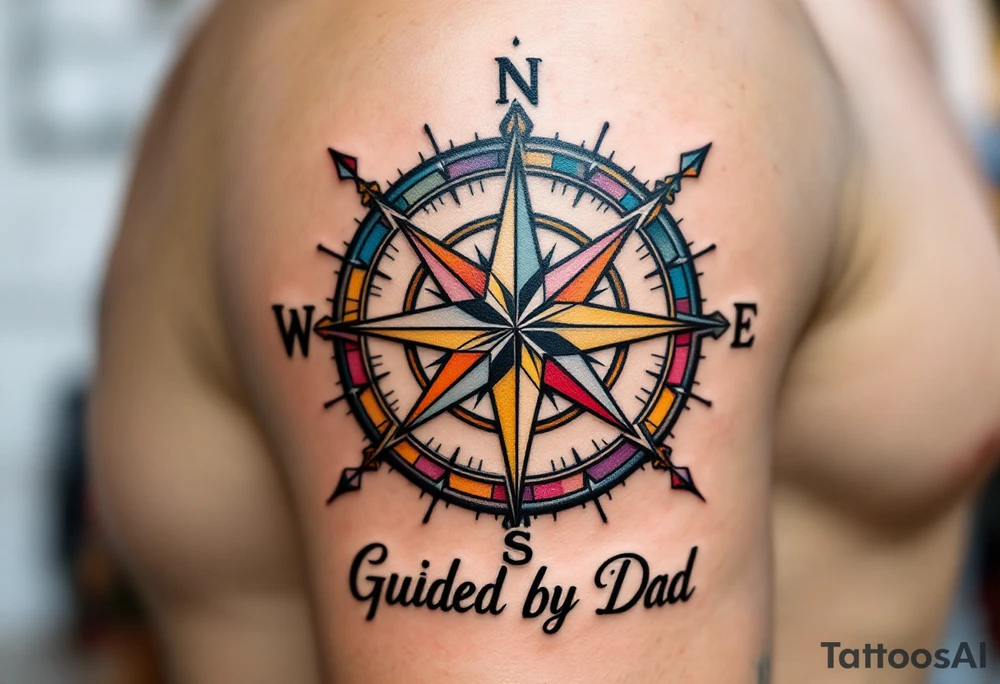 A colorful compass rose with “Guided by Dad” lettered in black under the north point. tattoo idea