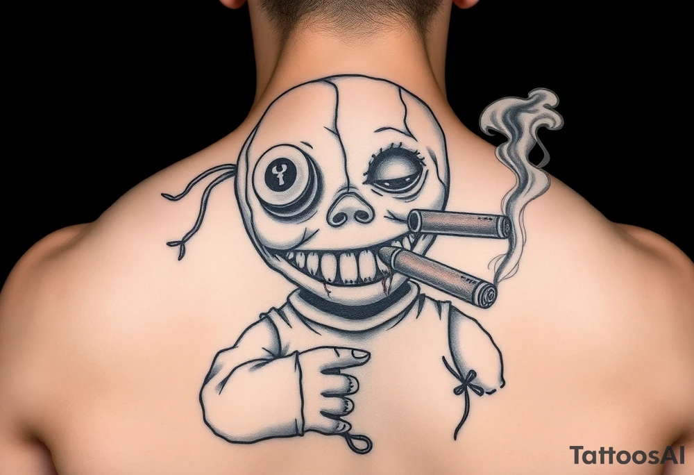 Stitched up rag doll with a button as one eye and some thread as the other. Scary. Warn down. Razor like shark teeth with blood dripping. Holding some money in one hand and a cigar in the other hand. Smoke pouring off the cigar with the cloud of smoke above spelling out the word DOPE tattoo idea