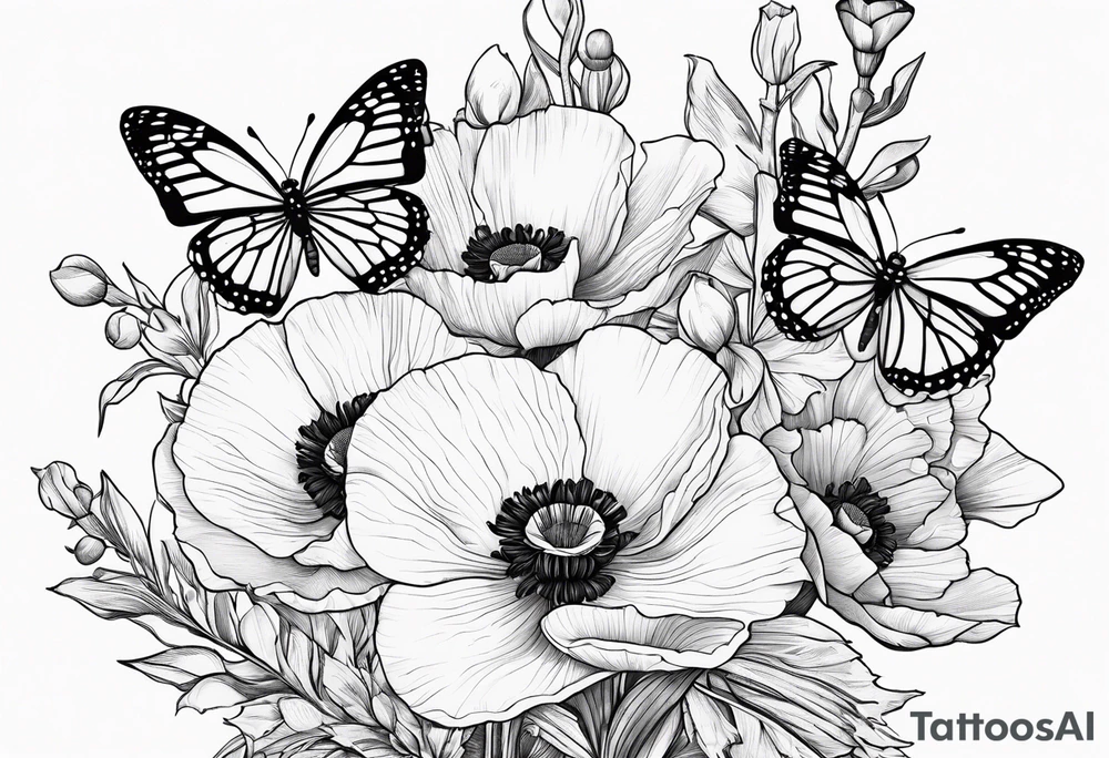 Bouquet of poppies and paperwhites and holly with. A butterfly tattoo idea