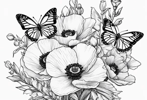 Bouquet of poppies and paperwhites and holly with. A butterfly tattoo idea