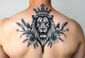 powerful majestic lion with a crown, surrounded by floral ornaments and birds tattoo idea