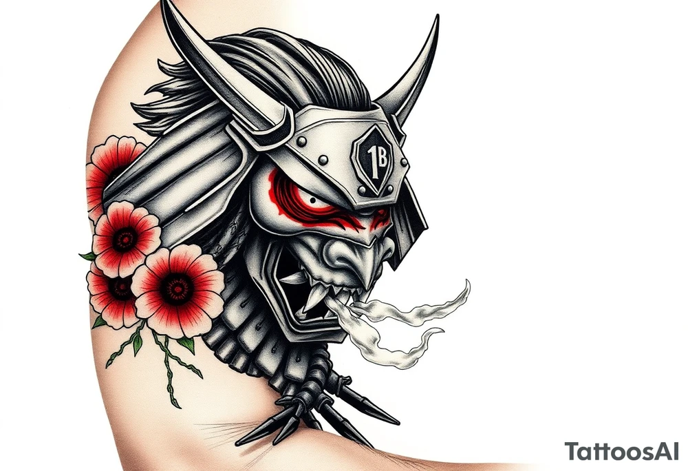 Ronin with smoke coming out of its mouth with 11b tattooed under its left eye with 1 poppy on each side of the ronin tattoo idea