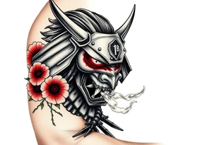 Ronin with smoke coming out of its mouth with 11b tattooed under its left eye with 1 poppy on each side of the ronin tattoo idea