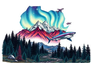 forest mountains under the northen lights with sharks. Contain everything in the shape of Africa tattoo idea