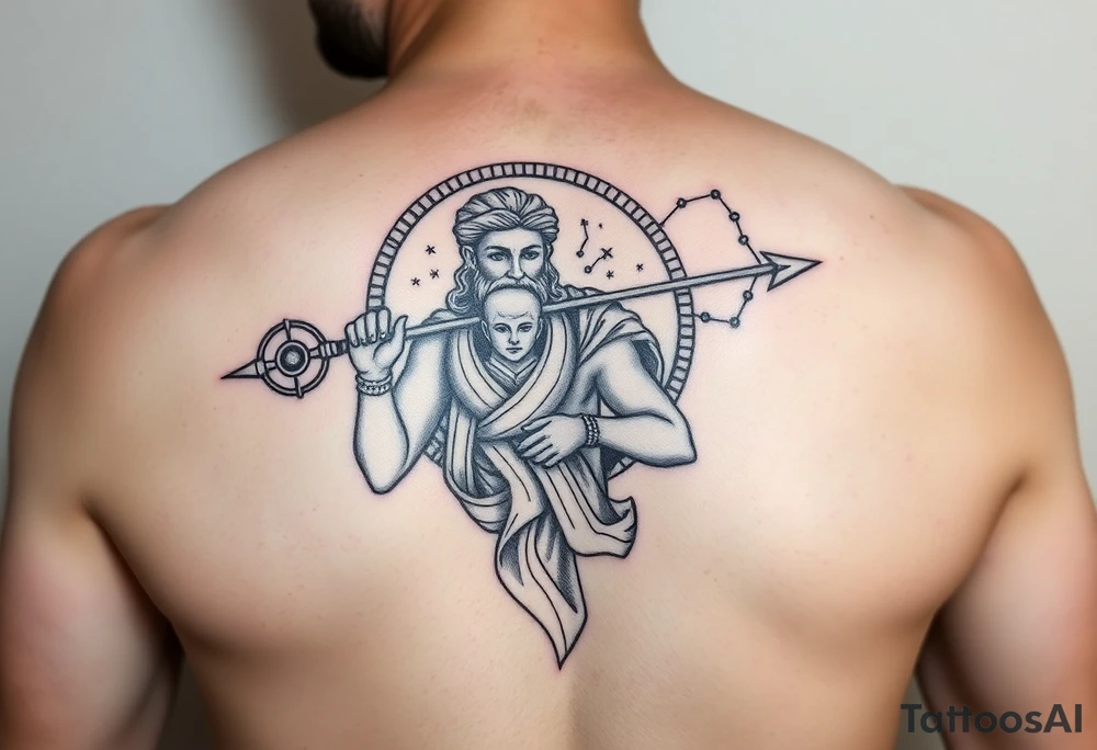 a tattoo design of the Greek God Saturn holding his spear in one hand with the Saturn Symbol as the spear head, in his other arms cradling a twin younger version of himself. The gemini constellation is in the background behind the Saturn Gods tattoo idea