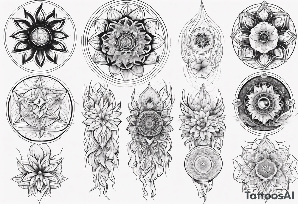 Sleeve tattoo on a woman's arm. Phoenix and mandala Flower of life and mandala Metatron's cube sacred geometry tattoo idea