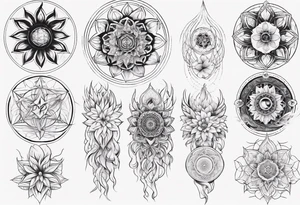 Sleeve tattoo on a woman's arm. Phoenix and mandala Flower of life and mandala Metatron's cube sacred geometry tattoo idea