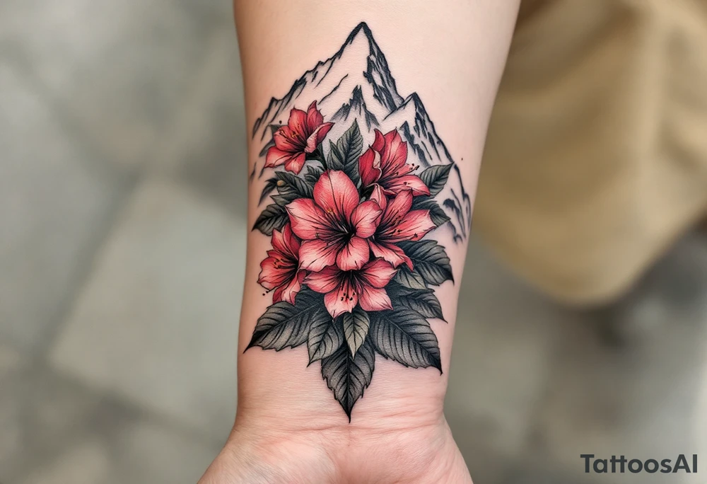 vertical wrist size red  and black rhododendron trippy with Himalayas behind tattoo idea