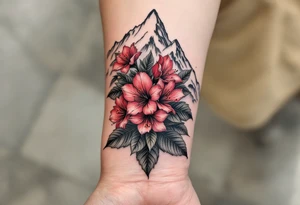 vertical wrist size red  and black rhododendron trippy with Himalayas behind tattoo idea