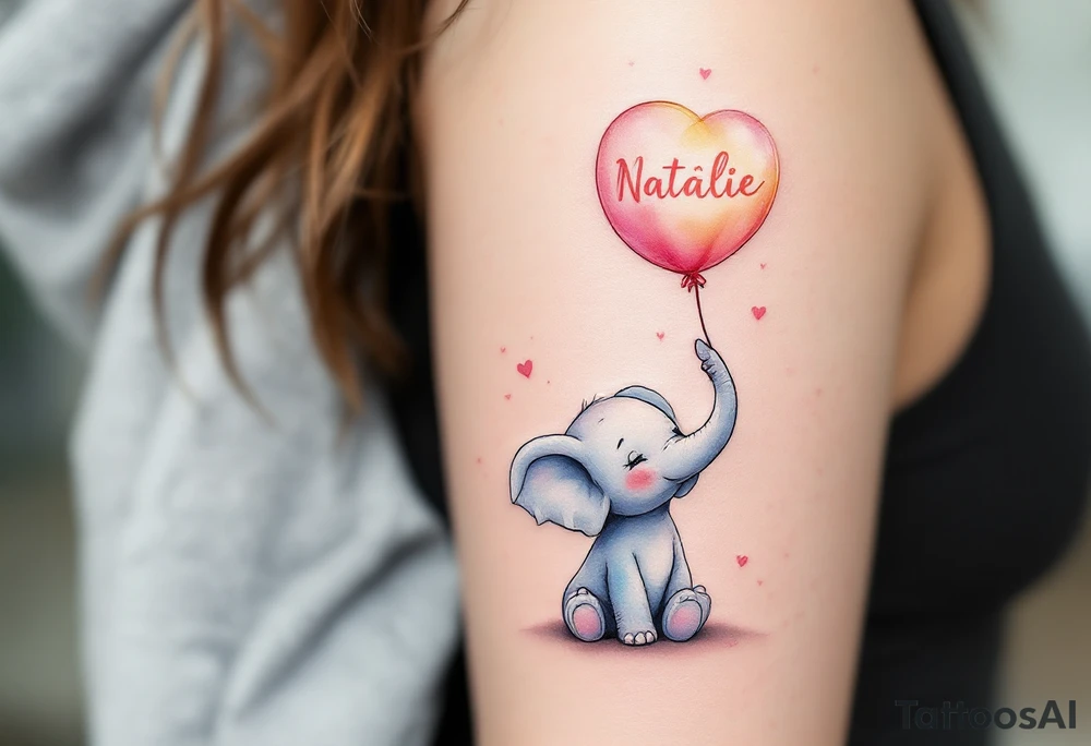 Delicate outline of a baby elephant holding a balloon with name Natálie – 22.10.2023 v 5:15 in pastel peach script. tattoo idea