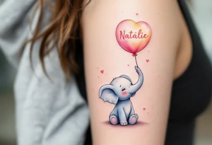 Delicate outline of a baby elephant holding a balloon with name Natálie – 22.10.2023 v 5:15 in pastel peach script. tattoo idea