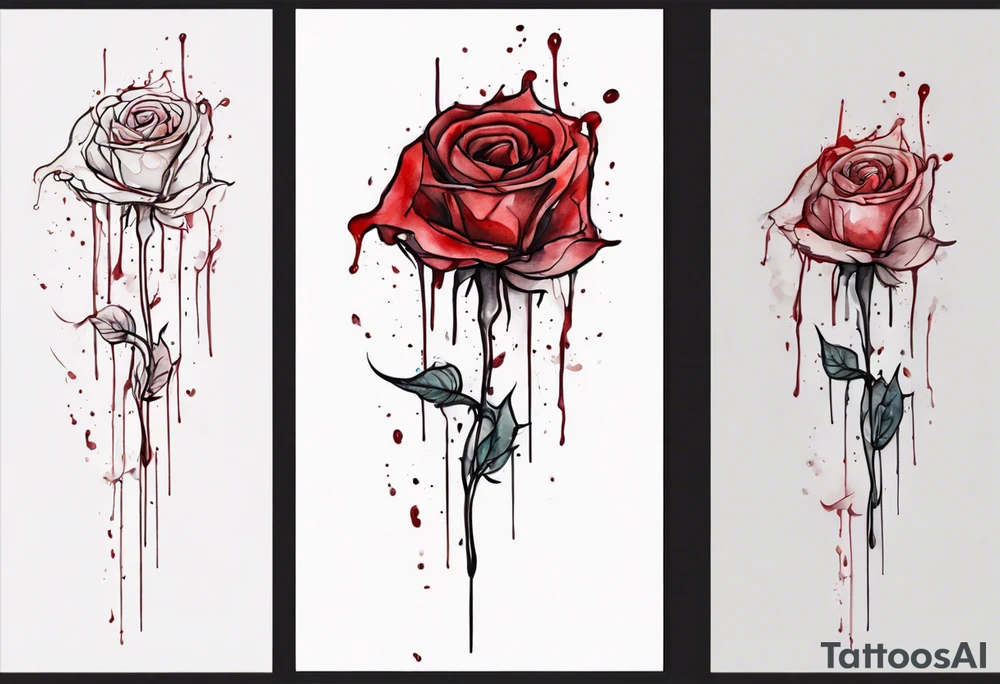 rose flower, one line, red blood dripping from the flower, tall, watercolor tattoo idea