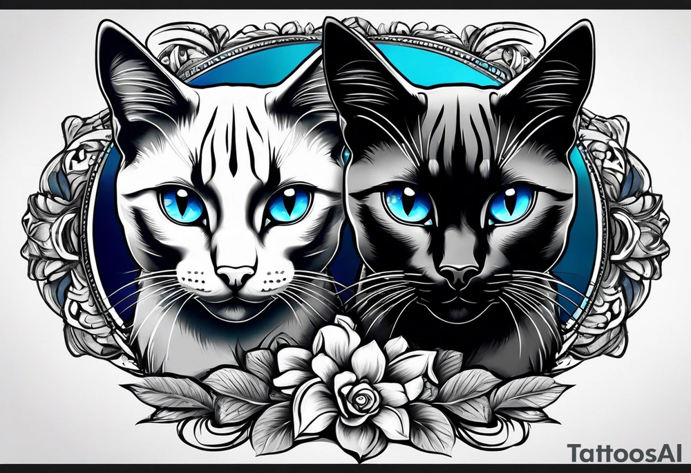 Two cats. One is medium length black and white fur, the other is a medium gray Siamese with blue eyes that are slightly crossed. tattoo idea