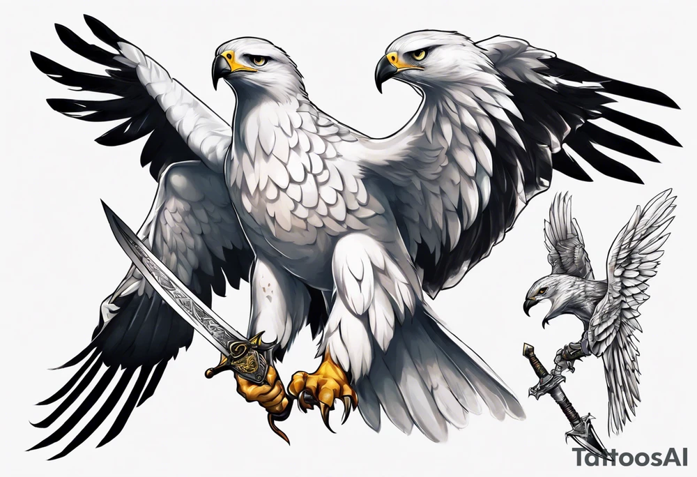 A white hawk holding a sword tattoo idea