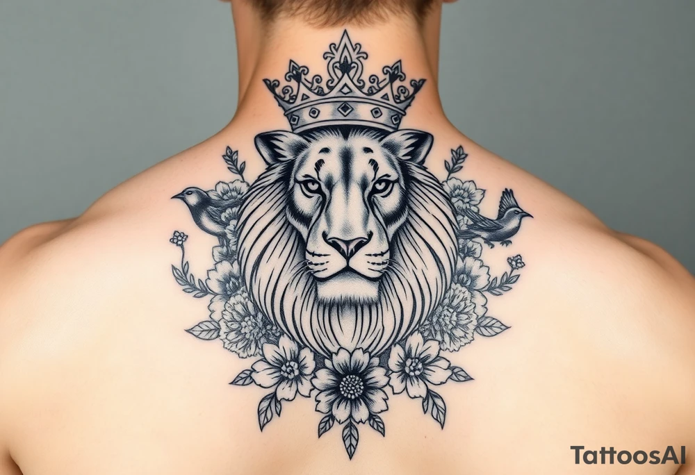powerful majestic lion with a crown, surrounded by floral ornaments and birds tattoo idea