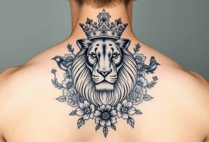 powerful majestic lion with a crown, surrounded by floral ornaments and birds tattoo idea