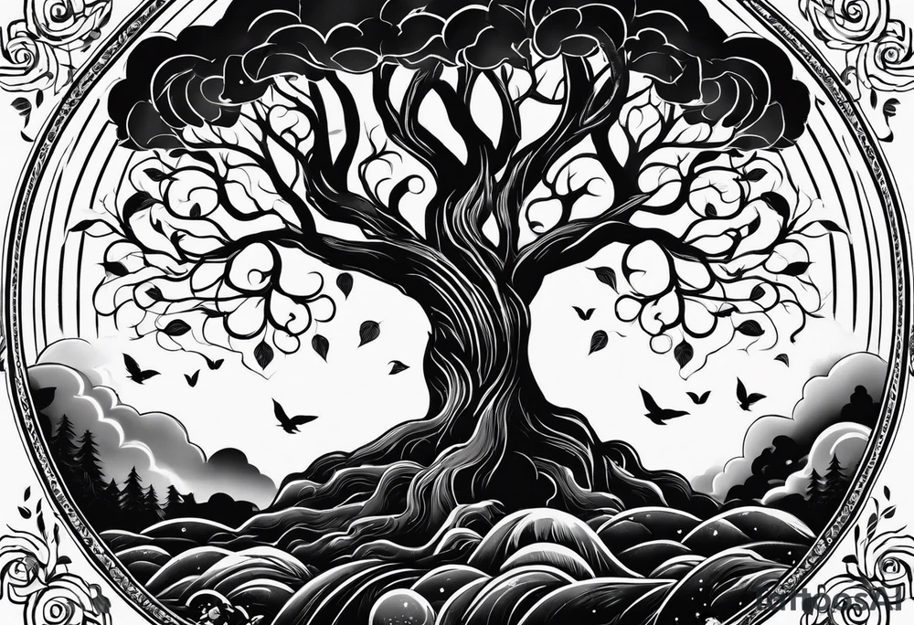 a tree of life in the middle of a lightening storm tattoo idea