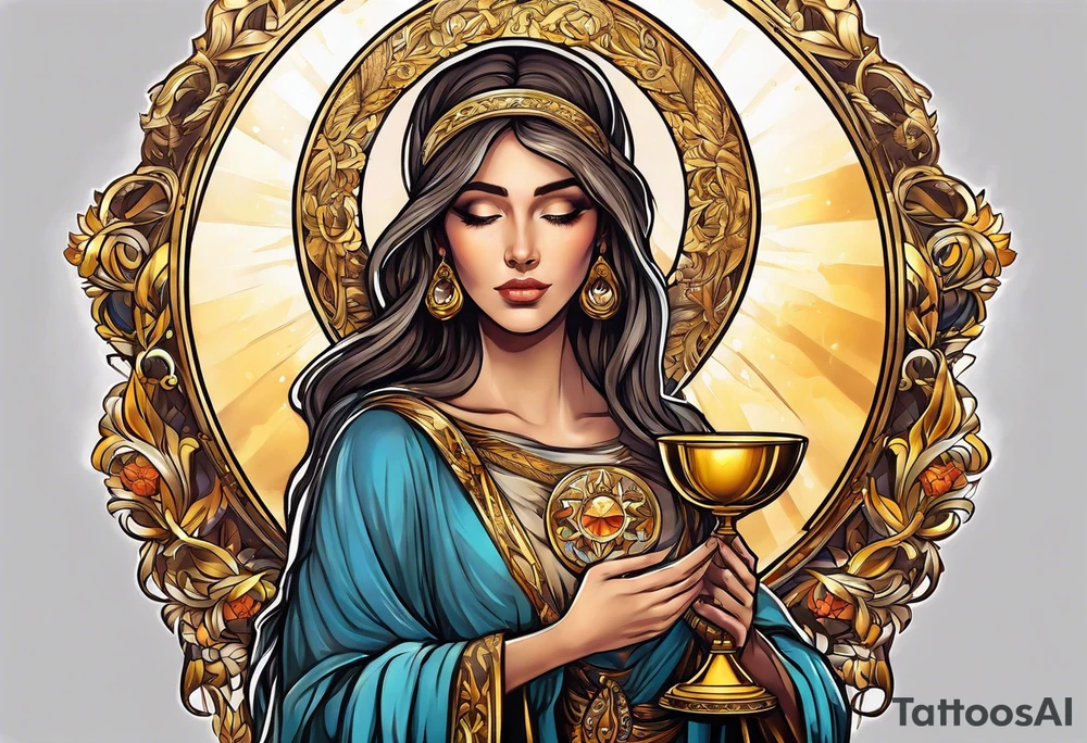 woman saint holding chalice surrounded by golden halo sideways tattoo idea