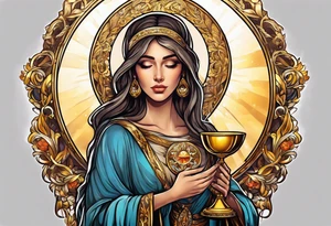 woman saint holding chalice surrounded by golden halo sideways tattoo idea