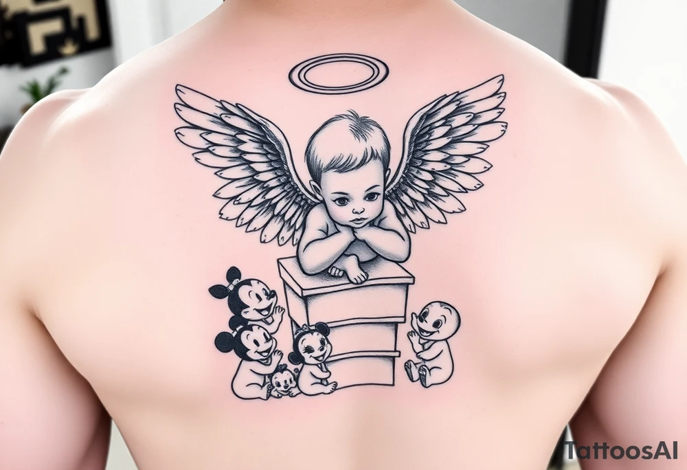 Babyboy with angel wings crawling up heavens stairs surrounded by Disney characters as babies tattoo idea