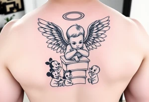 Babyboy with angel wings crawling up heavens stairs surrounded by Disney characters as babies tattoo idea