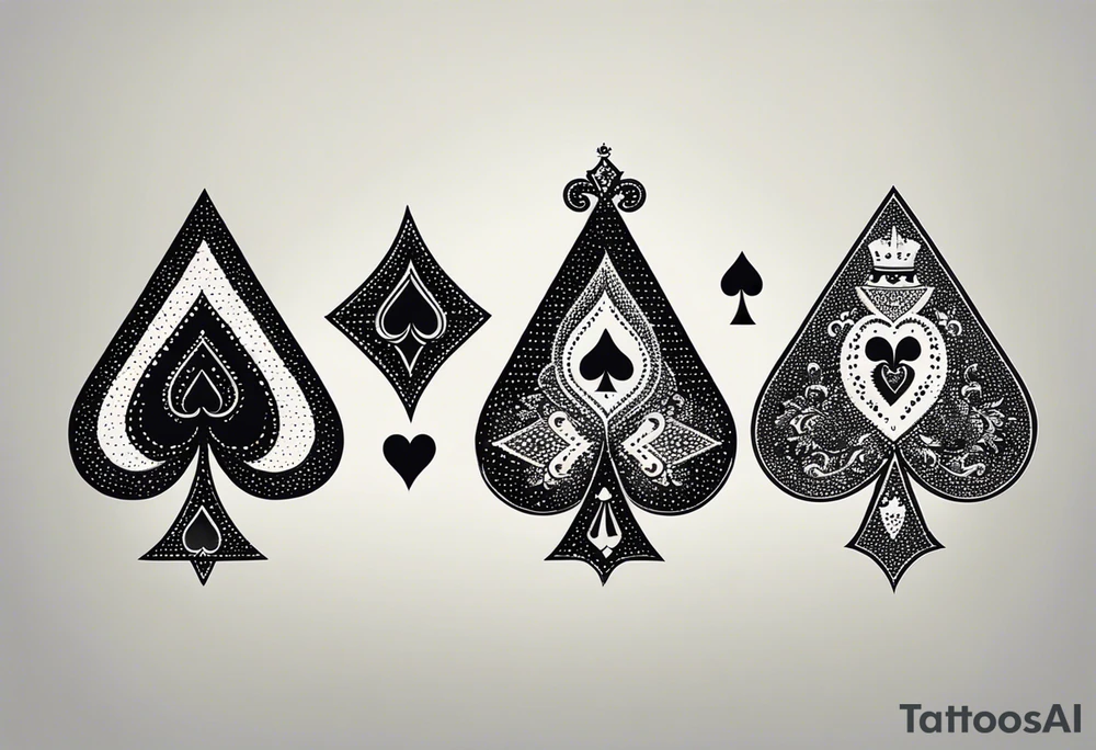 one combined tatto in minimalistic style with icon style three king of spades and icon style one queen of hearts. extreme minimalstic and few lines. much more minimalistic and fewer lines tattoo idea