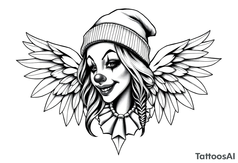 Clown Girl Thug Beanie Angelic Wings tattoo idea