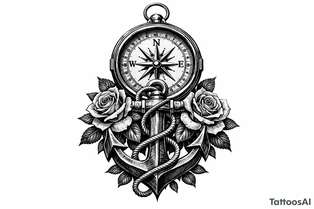 a compass under it an anchor and roses. tattoo idea