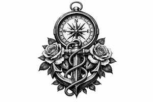 a compass under it an anchor and roses. tattoo idea