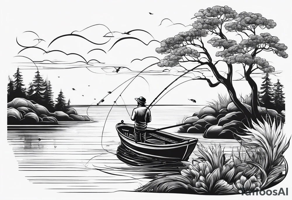 a man fishing with a fishing rod. simple outline tattoo idea
