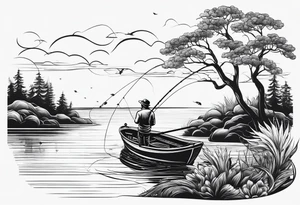 a man fishing with a fishing rod. simple outline tattoo idea